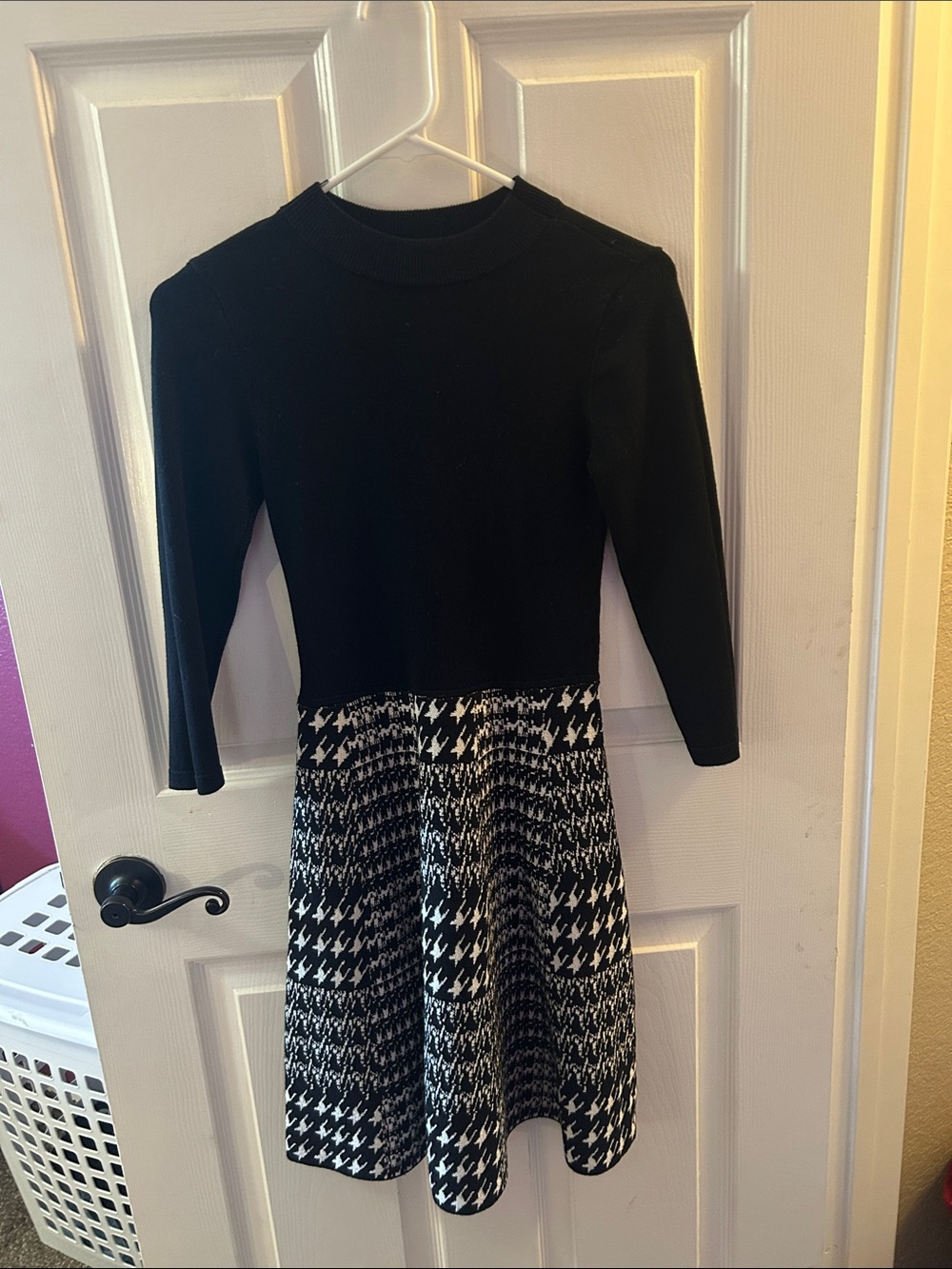 Black Knit Top with Black & White Houndstooth Skirt Dress